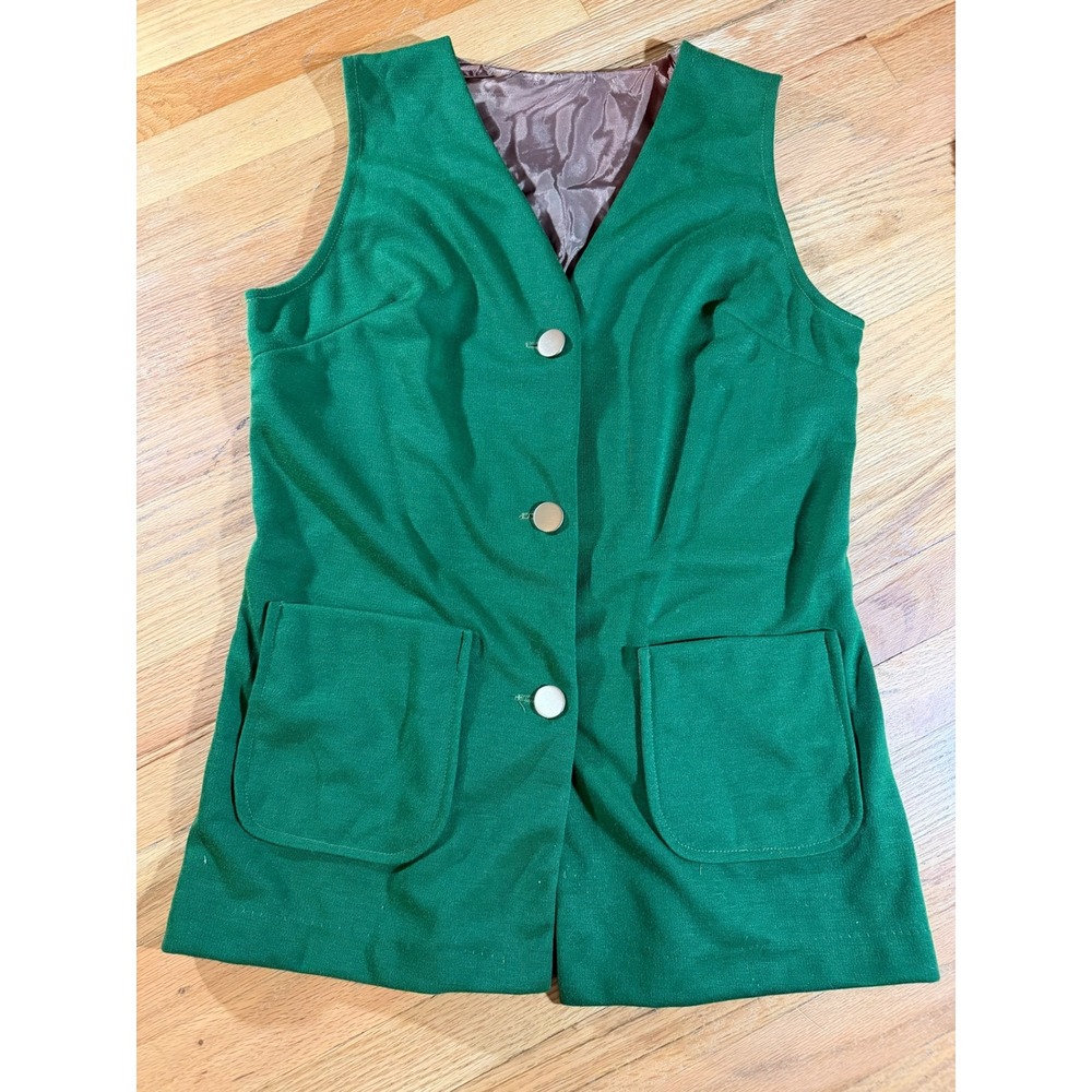Vintage 70s Kelly Green Longline Vest Button Front Patch Pockets Size 15-16